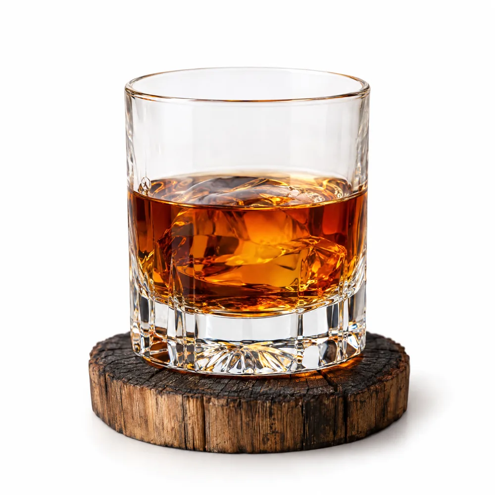 A glass of amber bourbon on a toasted oak barrel stave