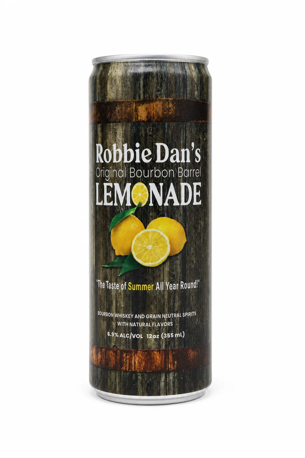 A 12 oz can of Robbie Dan’s Original Bourbon Barrel Lemonade in its barrel-wood label.