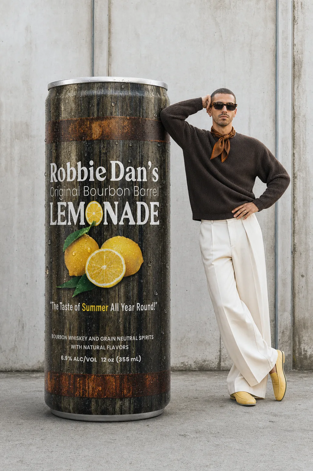 A man leaning on an oversized can of Robbie Dan’s against a concrete wall.
