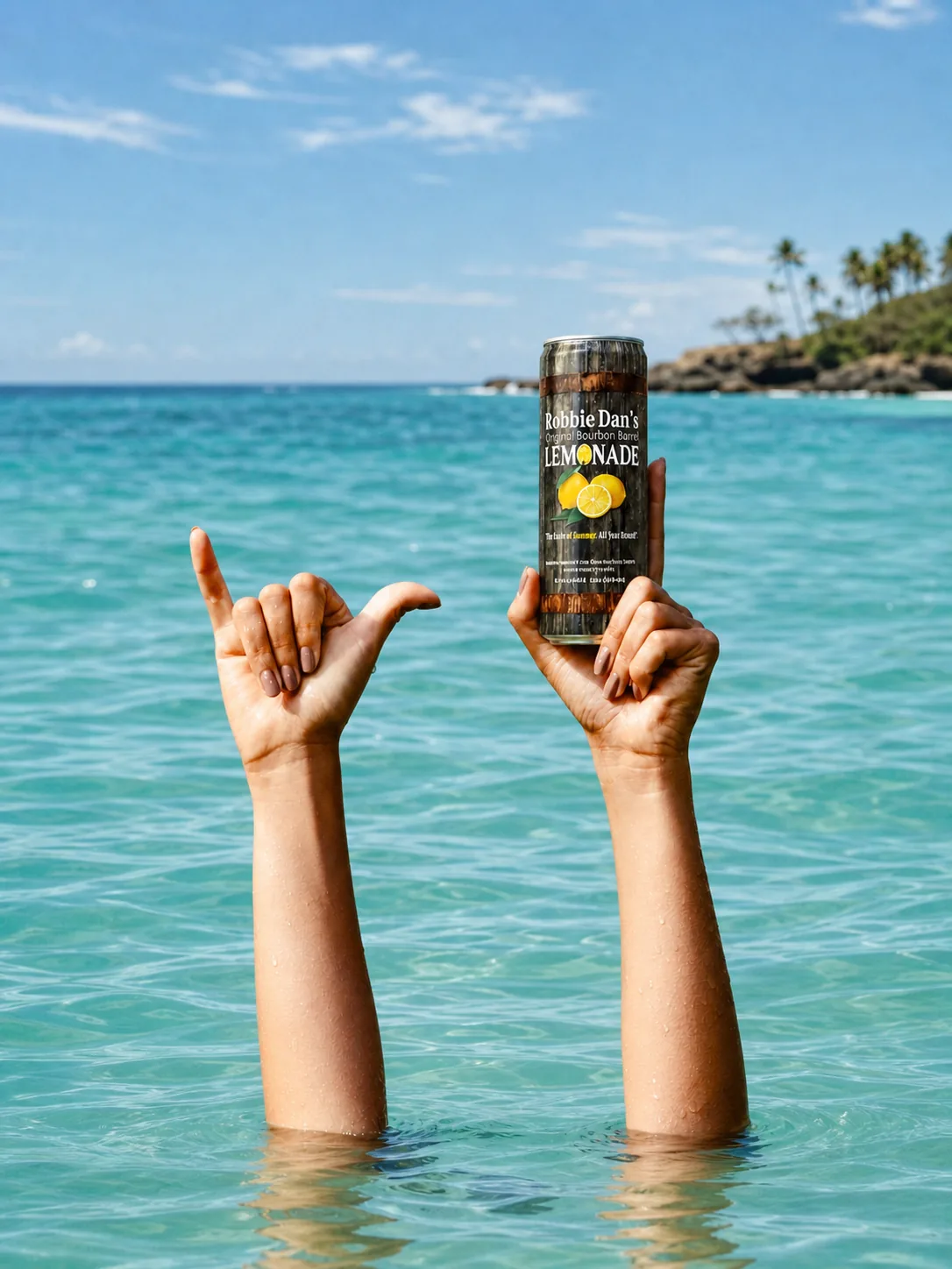 A can of Robbie Dan’s held up out of clear turquoise water.