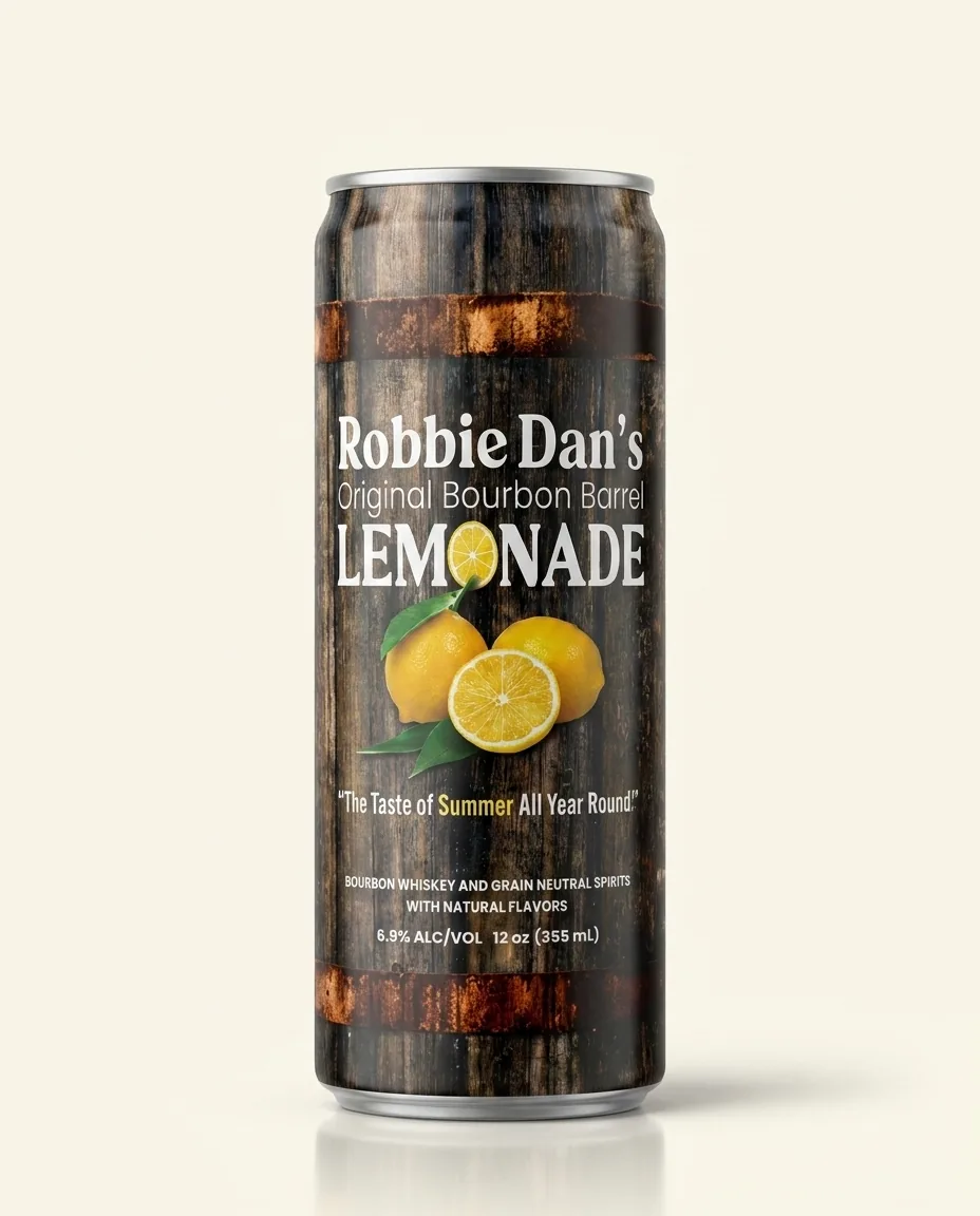 A 12 oz can of Robbie Dan’s Original Bourbon Barrel Lemonade.