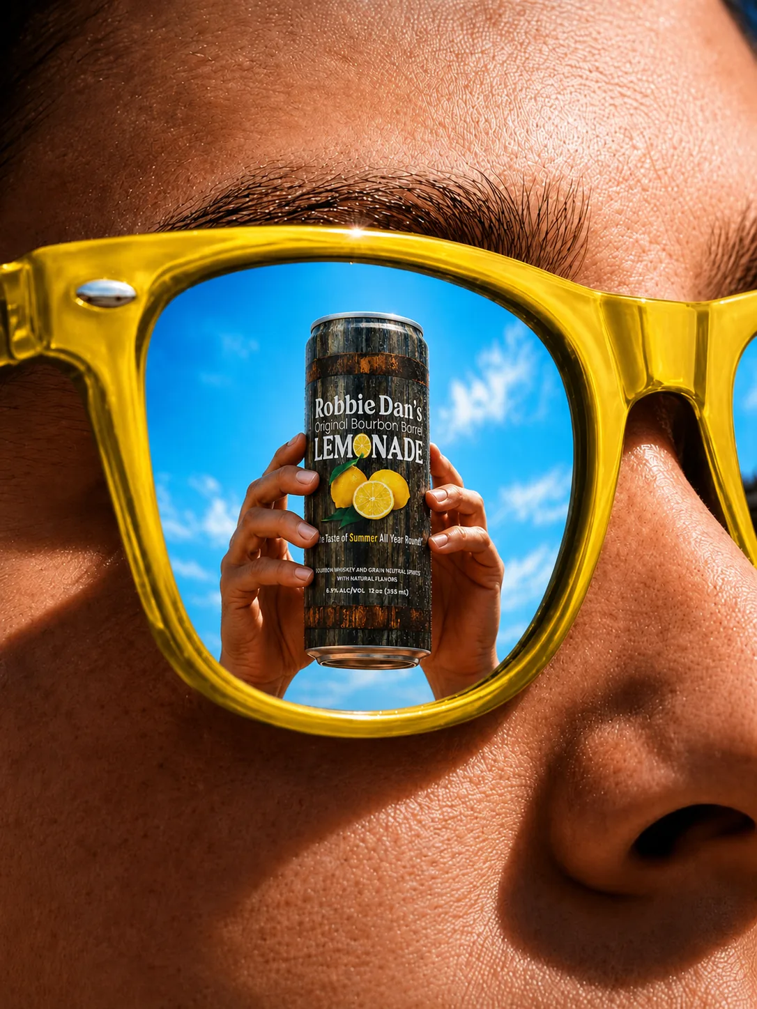 A can of Robbie Dan’s reflected in yellow sunglasses.